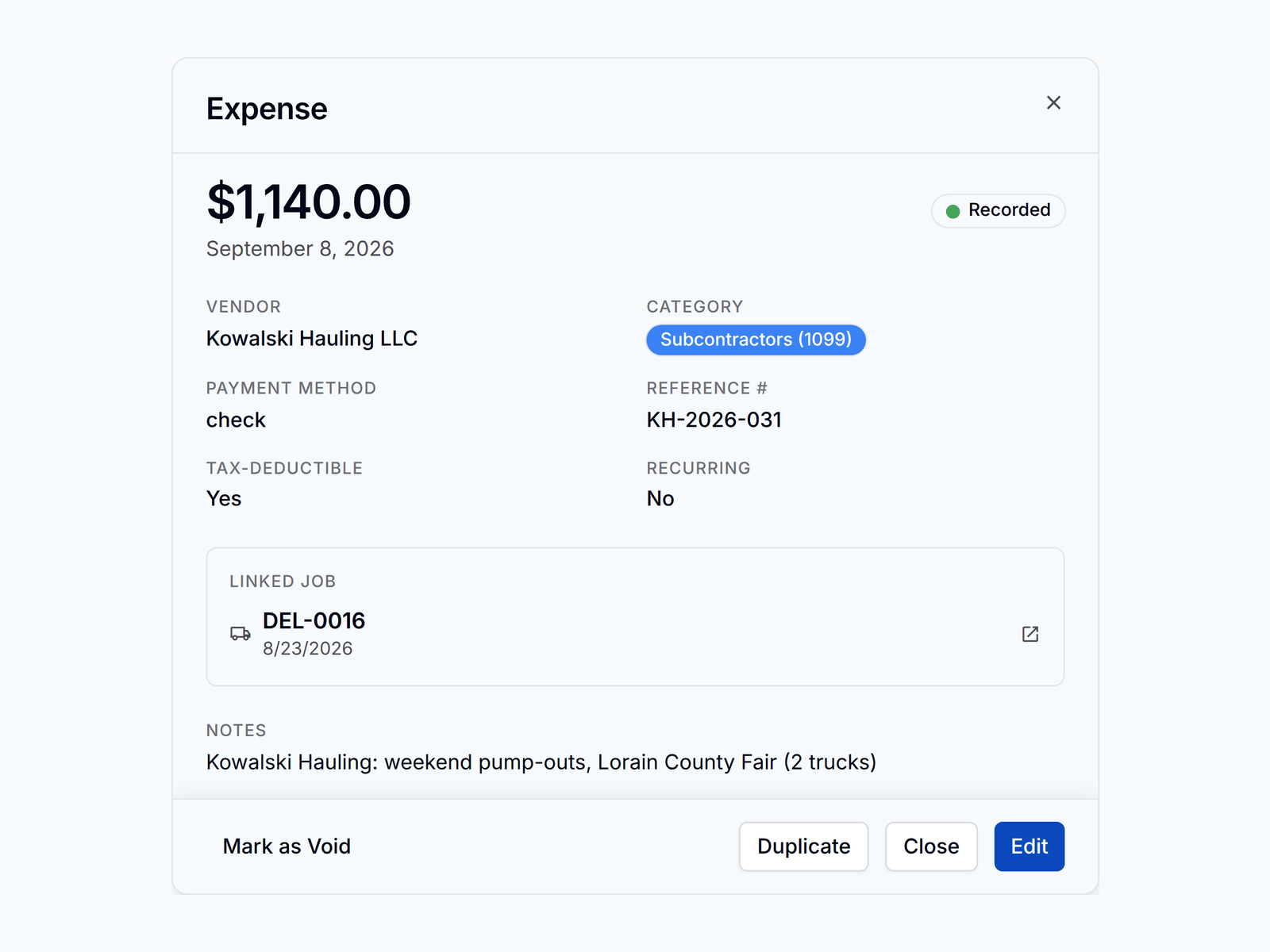 A recorded expense in PortaPro: a 1099 sub-hauler paid by check, tax-deductible, linked to a job.