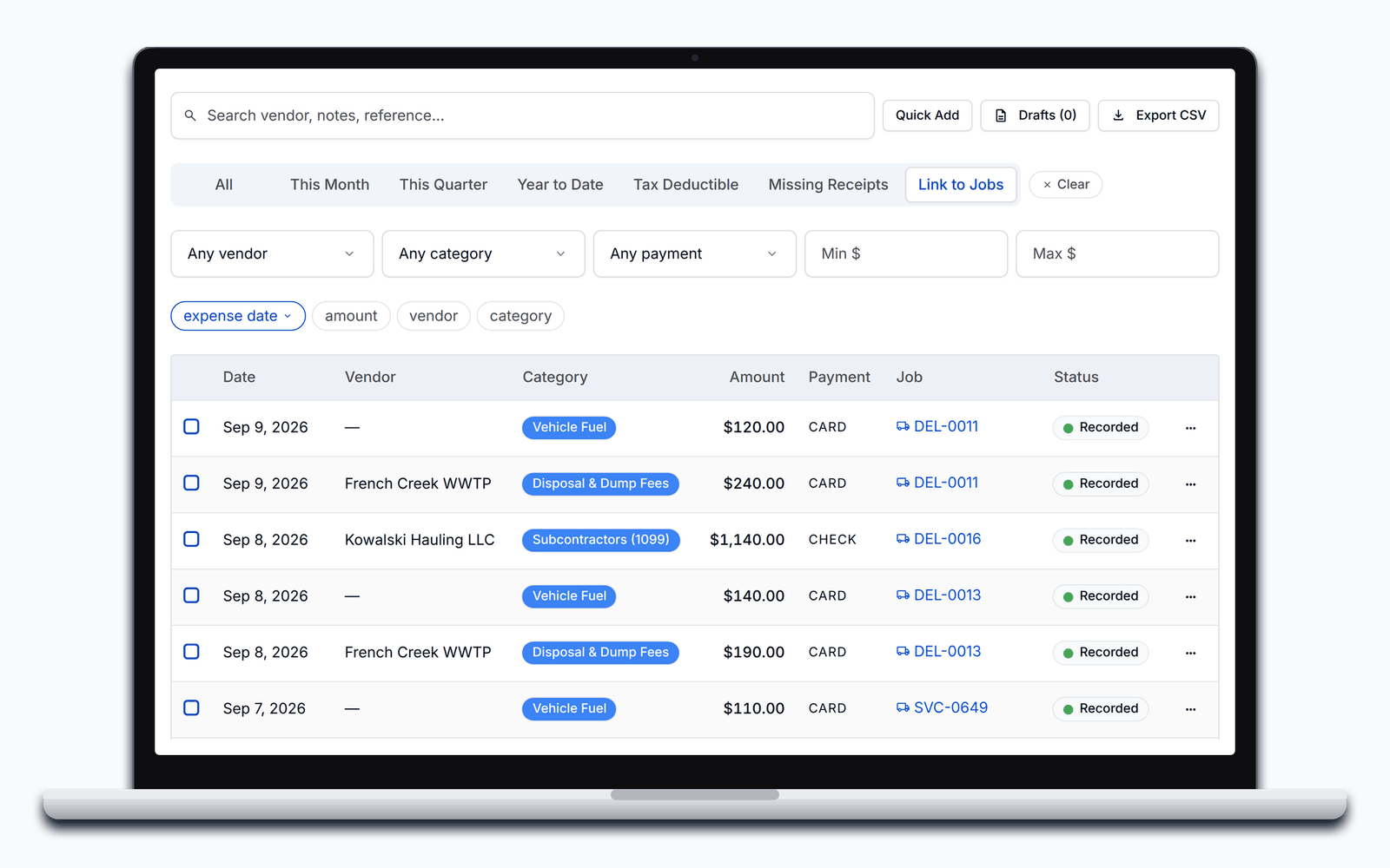 PortaPro's expense ledger on its Link to Jobs filter: fuel, dump fees, chemicals, and a 1099 sub-hauler's check, each tied to its job.