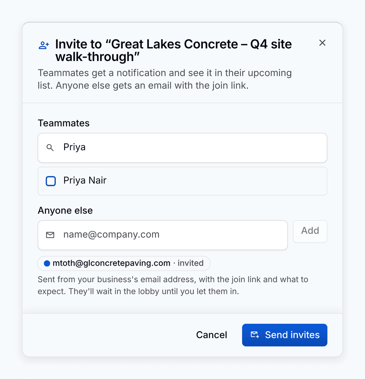 The PortaPro meeting invite dialog: search your team, add an outside email, and see who is already invited.