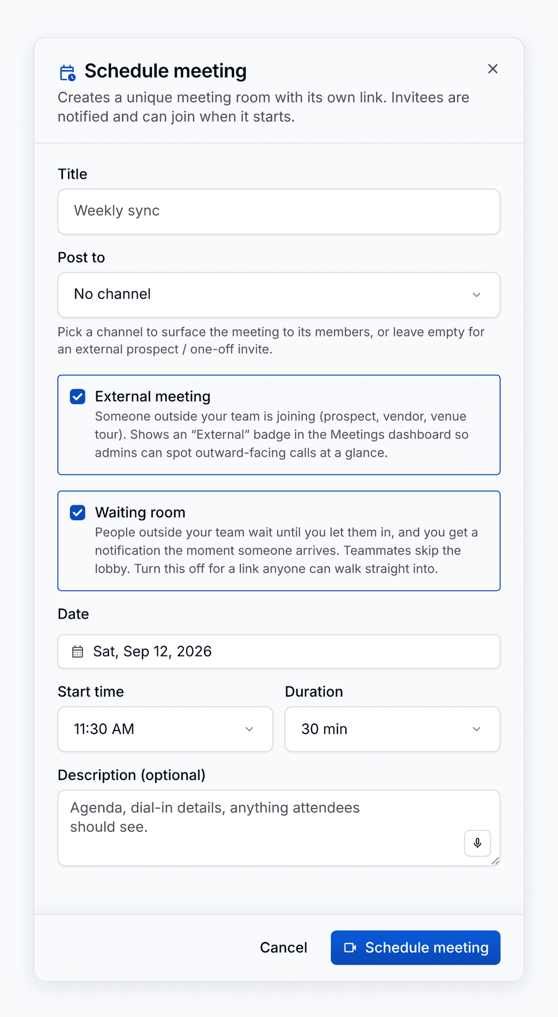The Schedule meeting dialog in PortaPro: title, channel, external meeting and waiting room switches, date, time, and duration.