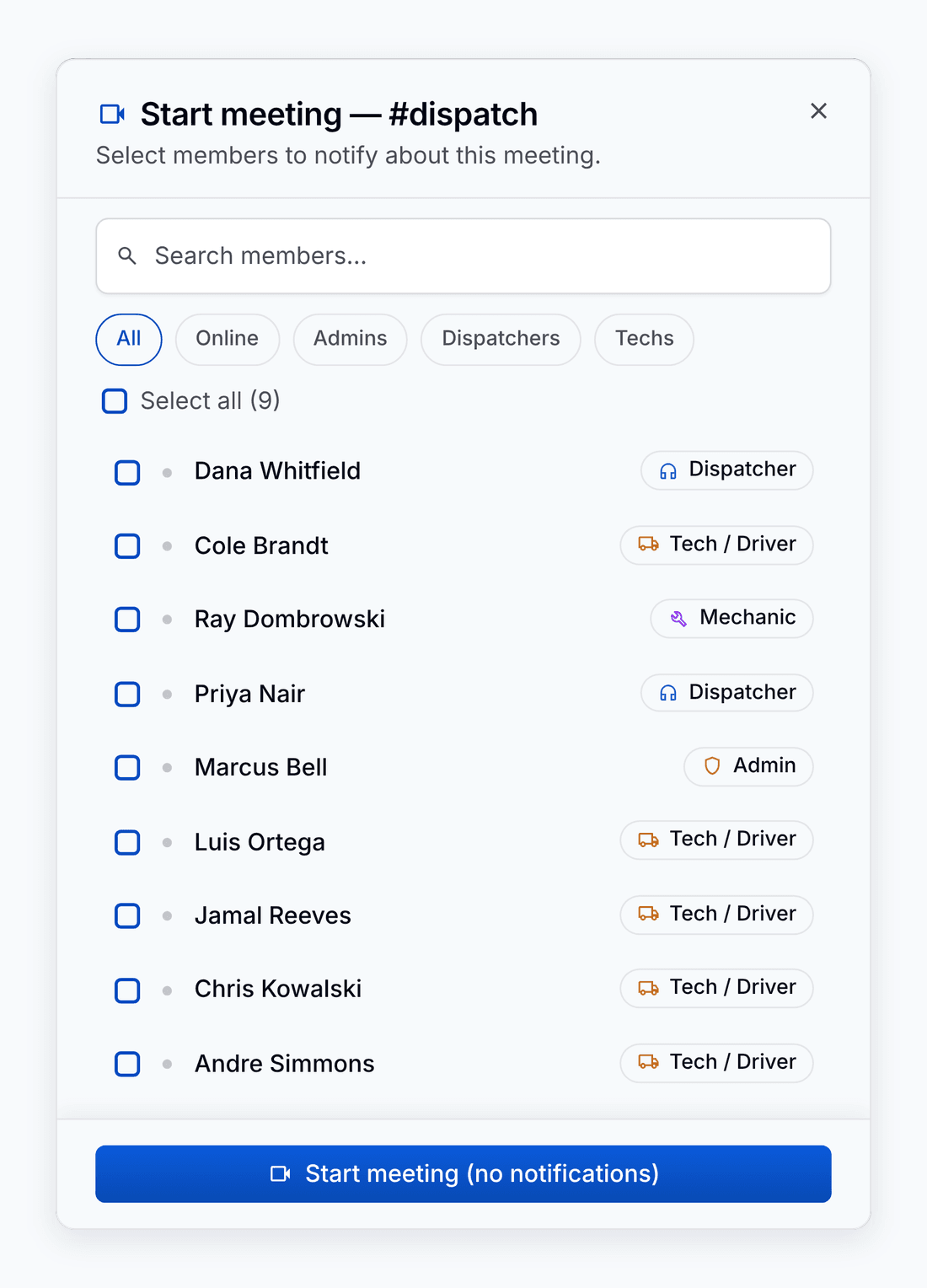The Start meeting dialog for the #dispatch channel: pick which members to notify, filtered by role.
