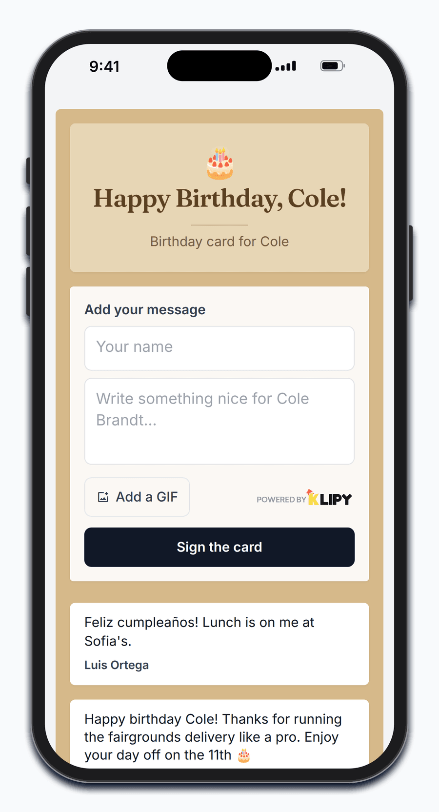 Signing Cole's birthday card on a phone: your name, your message, Add a GIF, and Sign the card, above the messages already on it.