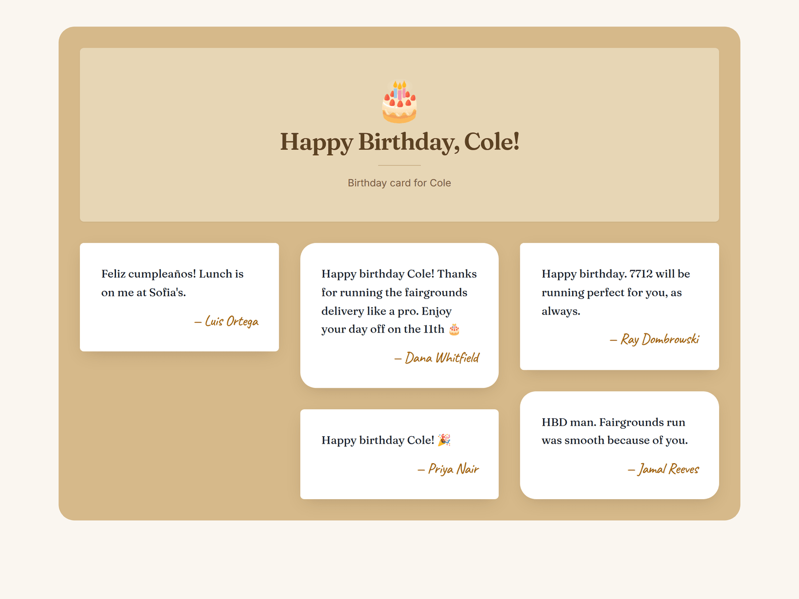 Cole's birthday card as he opens it, from Lakeshore Site Services: messages signed by Luis Ortega, Dana Whitfield, Ray Dombrowski, Priya Nair, and Jamal Reeves.