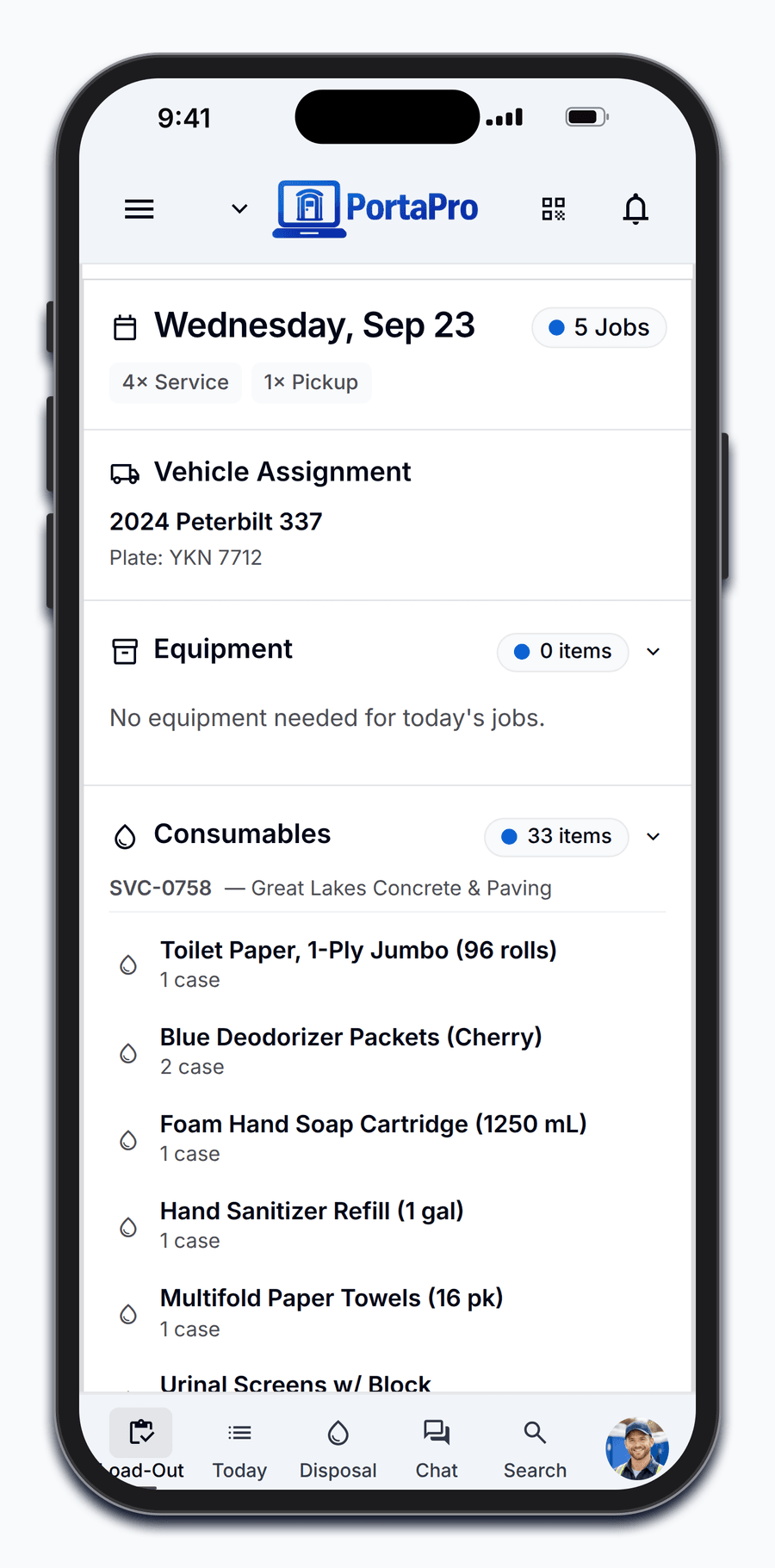 A driver's load-out on their phone in PortaPro: the assigned truck and the consumables each of today's jobs needs.