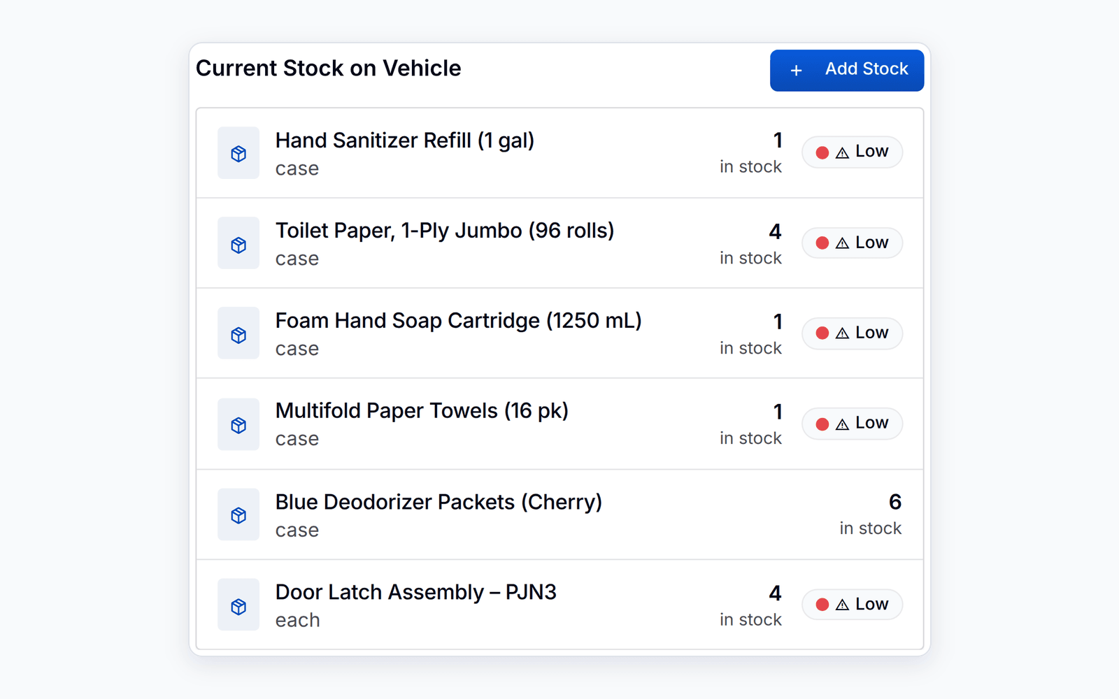 Current Stock on Vehicle for one Lakeshore truck in PortaPro: six supplies with the count on the truck, five of them flagged Low.