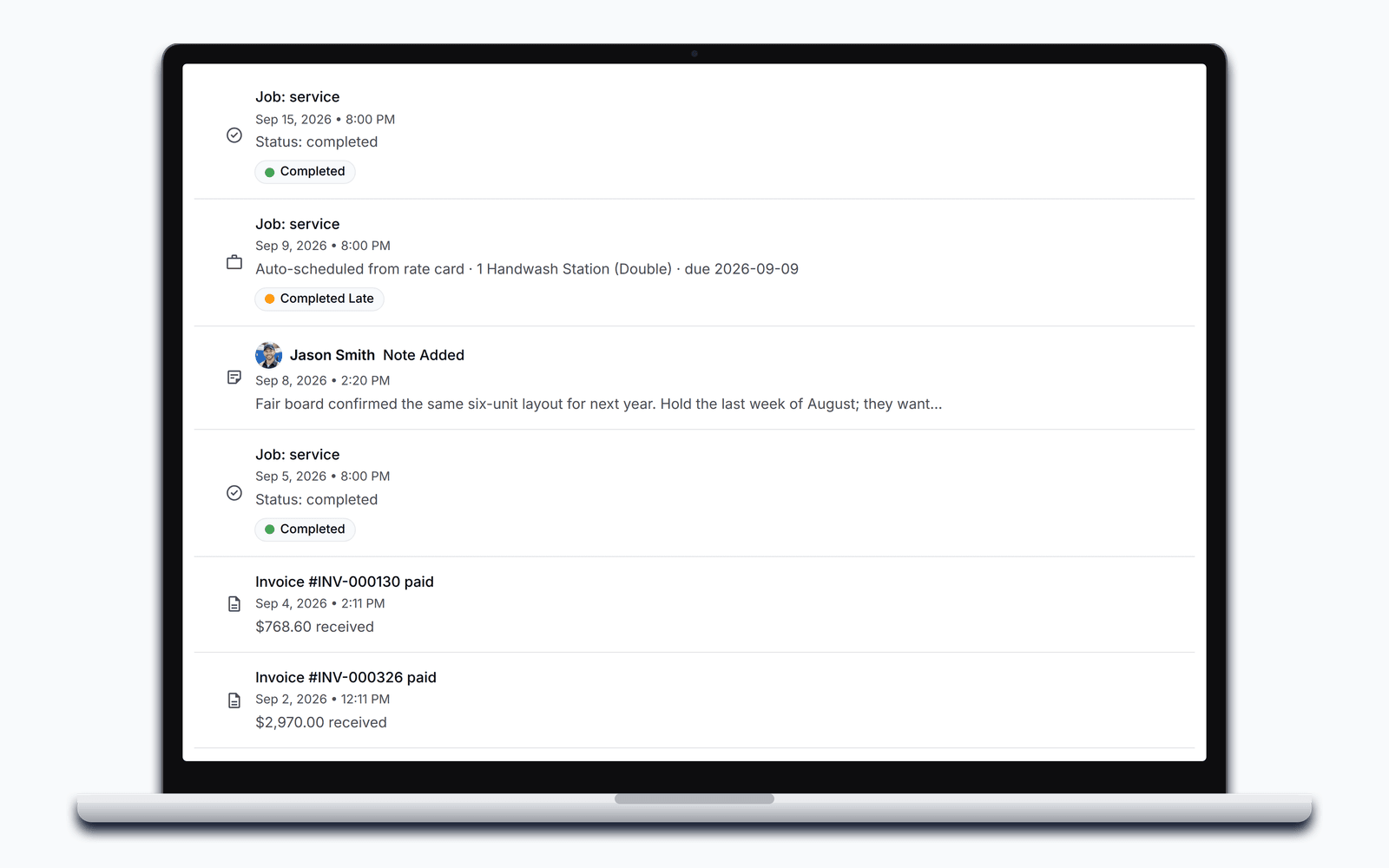 A PortaPro customer activity timeline showing scheduled and completed jobs, a note from the office, and invoice payments in order.