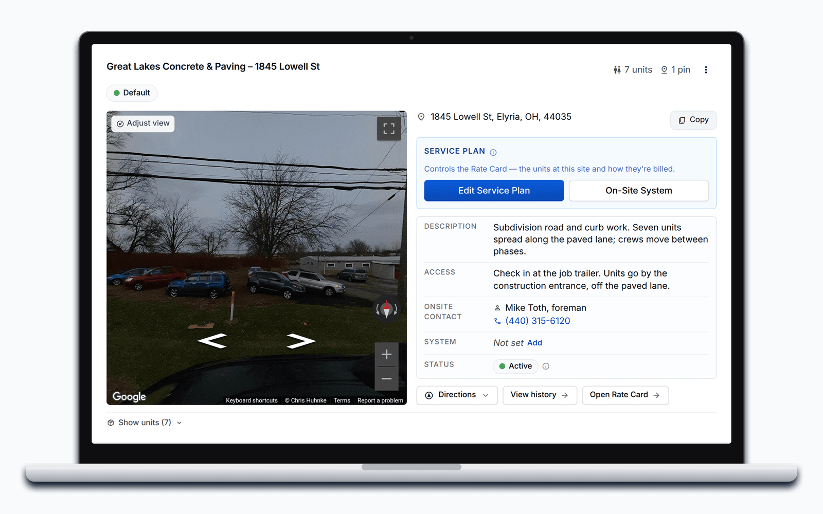 A site card in PortaPro: unit and pin counts, street view, the service plan, description, access instructions, onsite contact, and status.