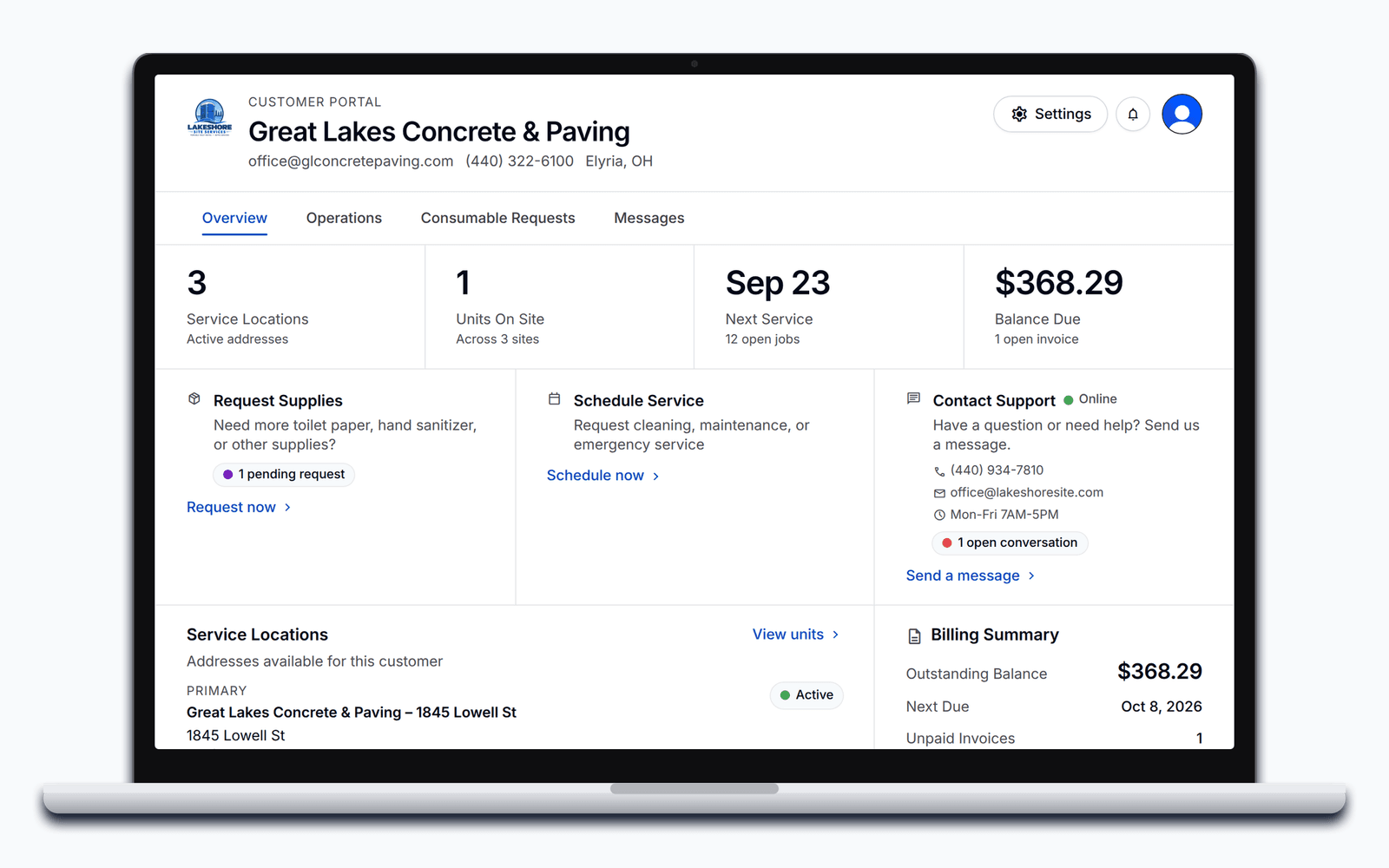 The PortaPro customer portal home under the operator's logo: service locations, units on site, next service, balance due, and the supply, scheduling and support shortcuts.