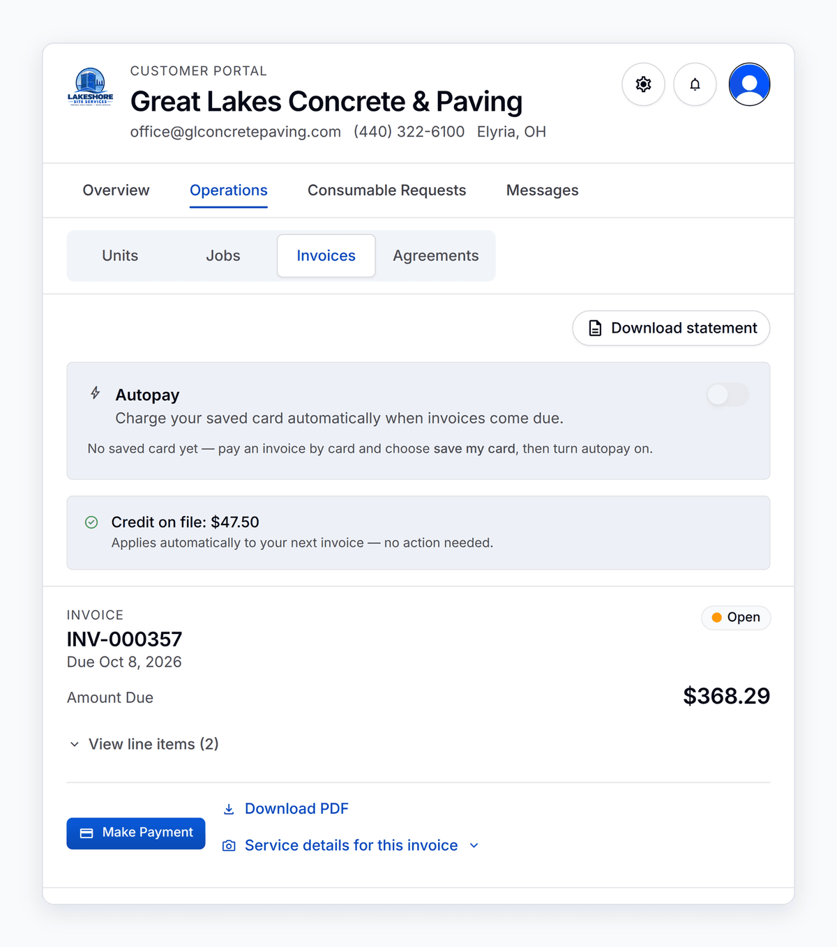 An open invoice in the PortaPro customer portal with its Make Payment button, above the autopay switch and the credit on file.