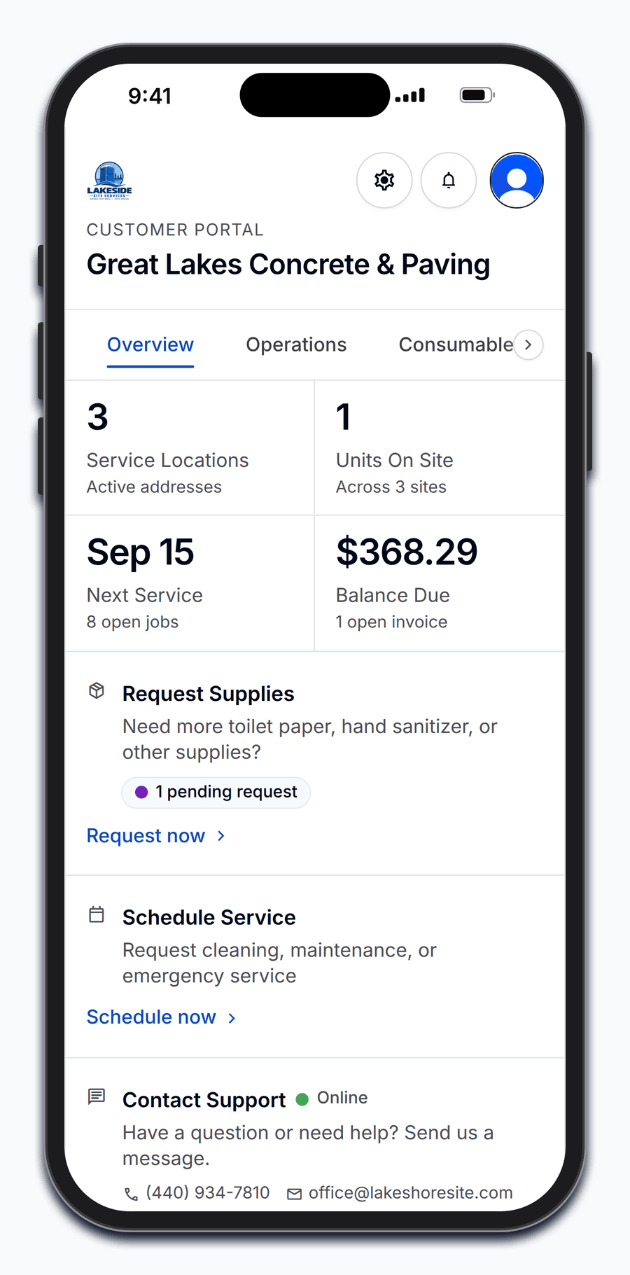The PortaPro customer portal open on a phone: locations, units on site, next service, balance due, and the request and support shortcuts.
