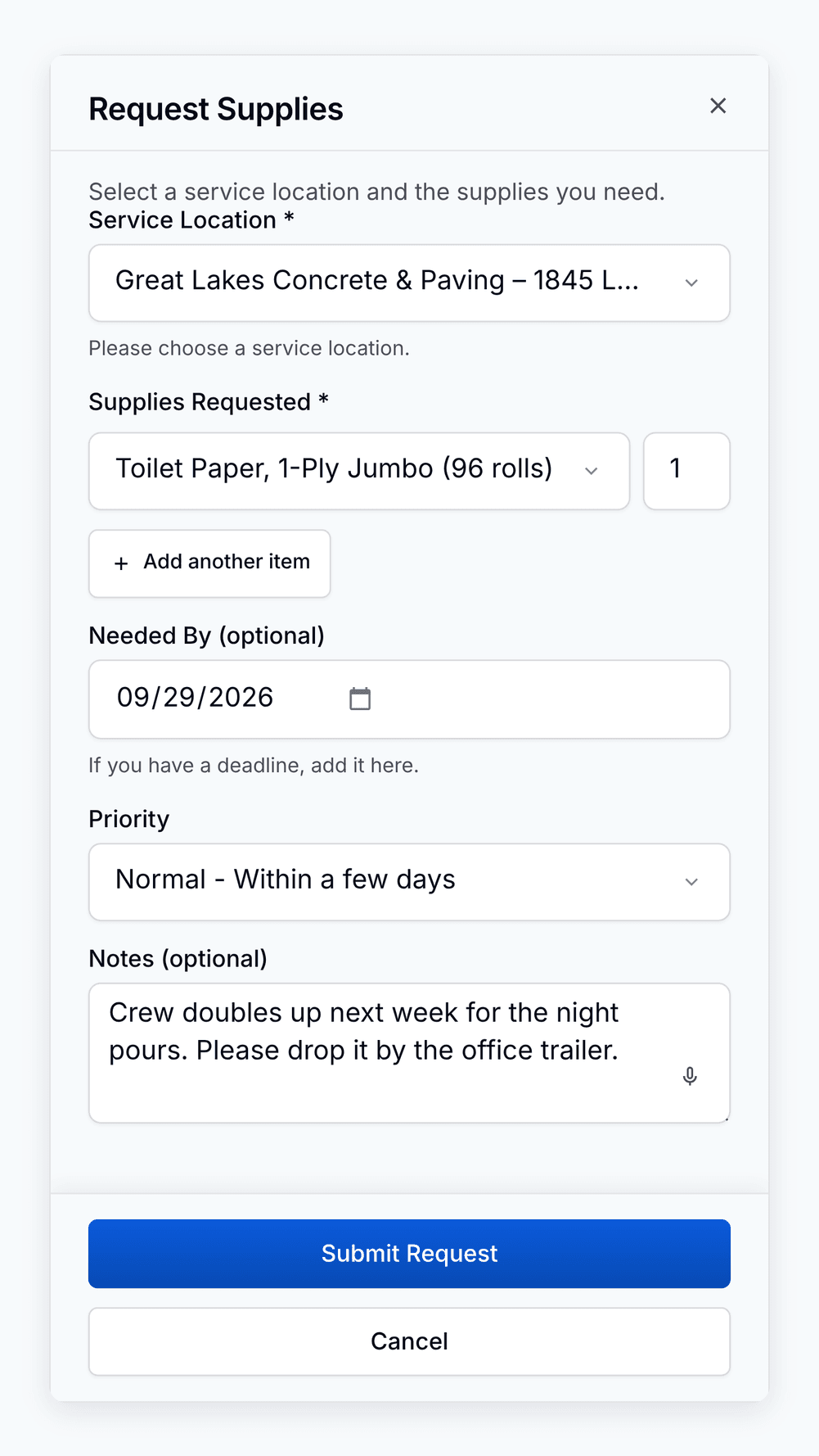 The supply request form in the PortaPro customer portal: service location, item and quantity, needed-by date, priority, and notes.