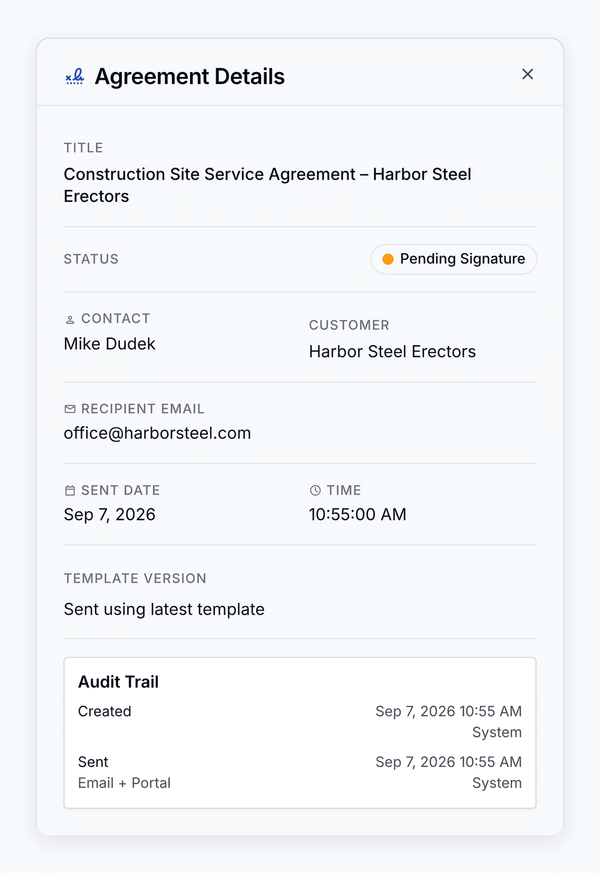 An agreement's detail card in PortaPro: recipient, sent date, delivery method, and audit trail.