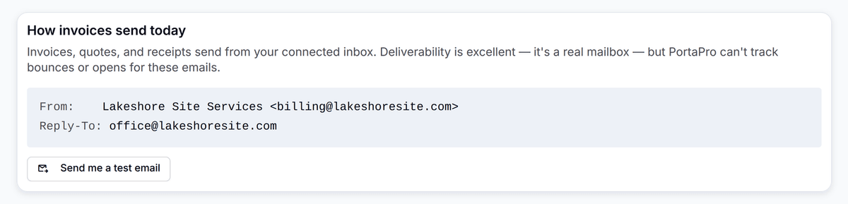 Company Sending in PortaPro: invoices, quotes, and receipts go out from the operator's own billing@ inbox, with replies to the office address.