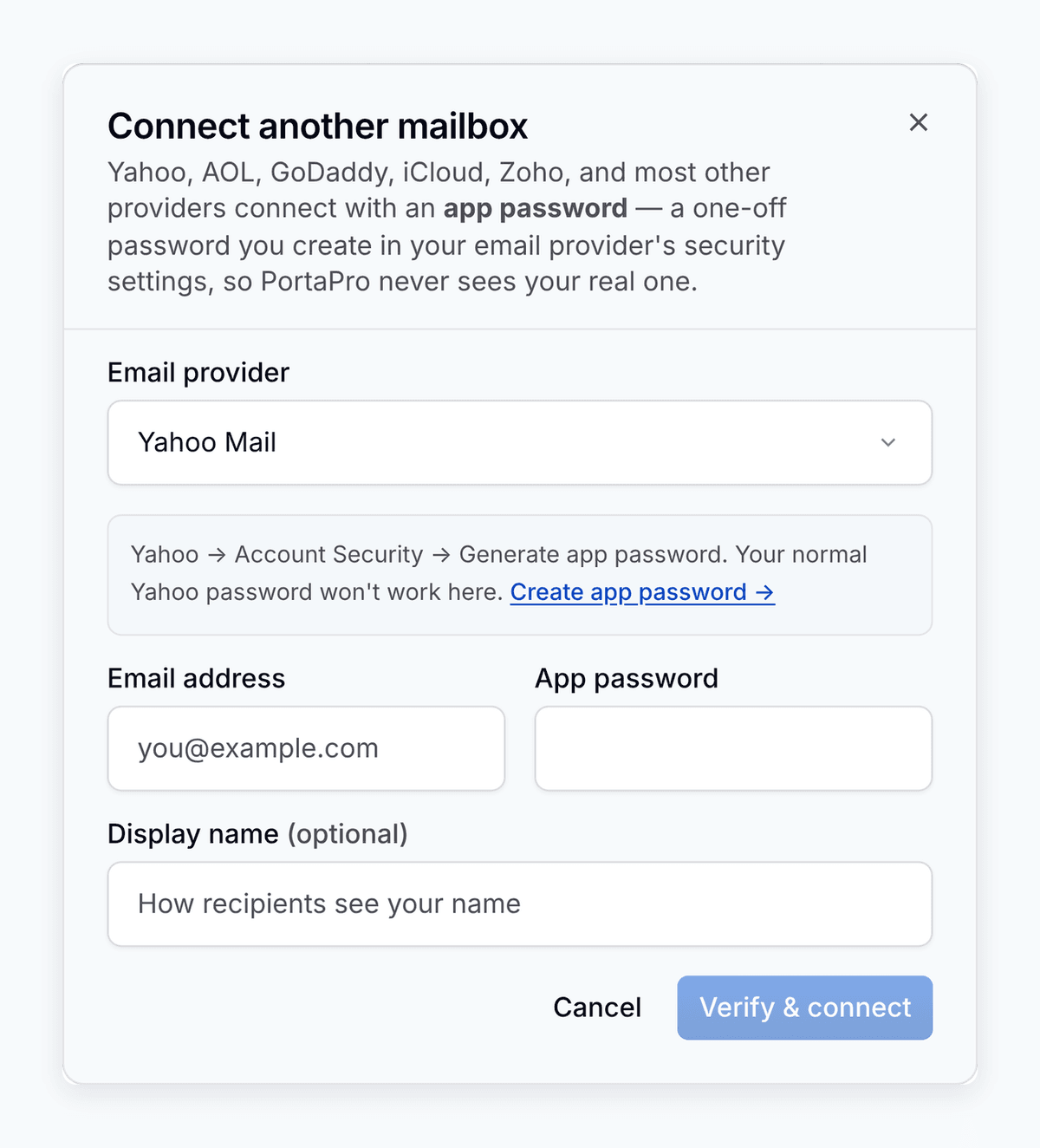 The Connect another mailbox dialog in PortaPro: a Yahoo preset, app-password instructions, email address, and app password fields.