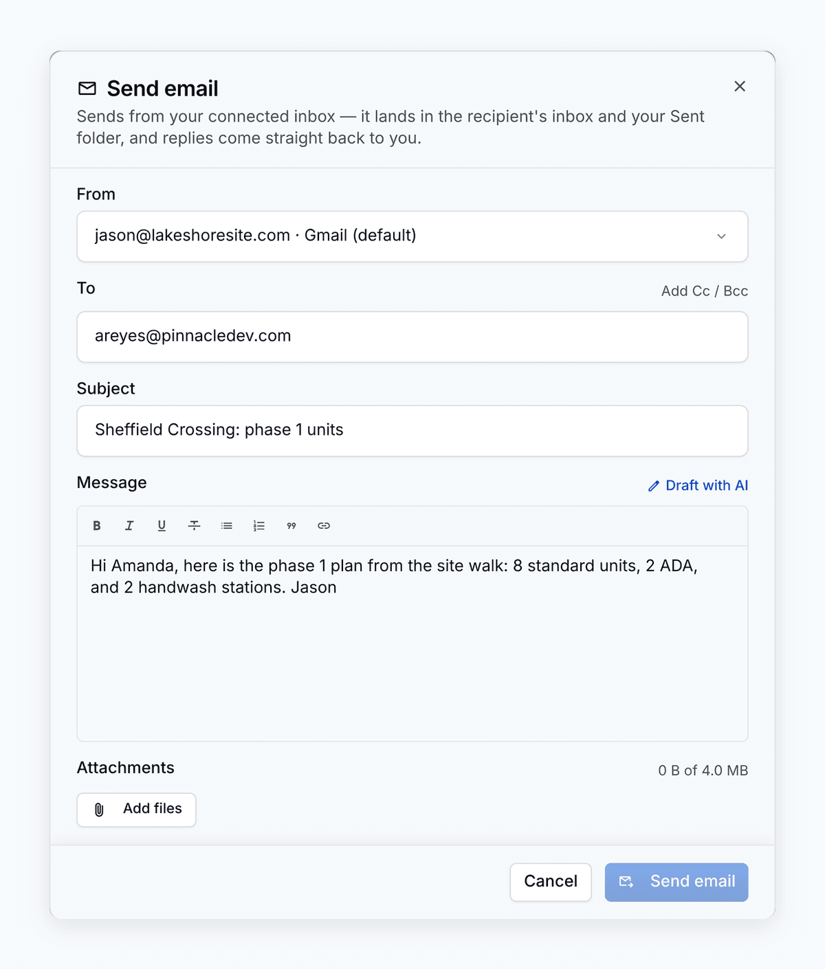 The Send email dialog on a lead in PortaPro, with From set to the operator's own Gmail address.