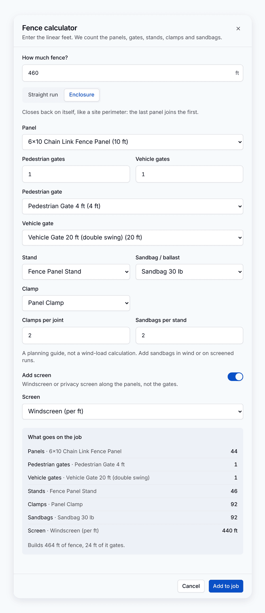 The Fence calculator in PortaPro: 460 feet as an enclosure with a vehicle gate and a pedestrian gate, counted into panels, stands, clamps, sandbags and windscreen.