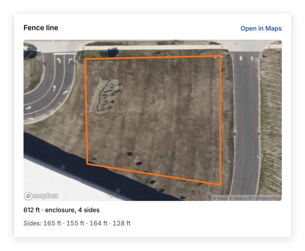 The Fence line card on a PortaPro job: the fence drawn on the site's satellite photo with its total length, each side, and Open in Maps for the crew.