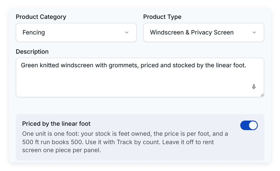 A windscreen product in PortaPro set to Priced by the linear foot: one unit is one foot, stock is feet owned.
