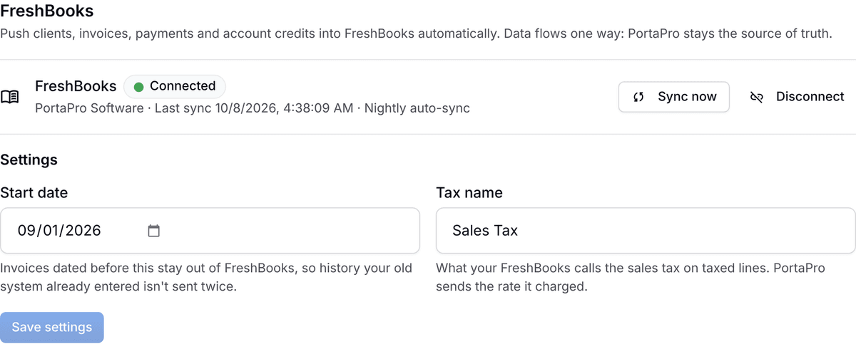 The FreshBooks settings in PortaPro: the connected business, the Start date and the Tax name.