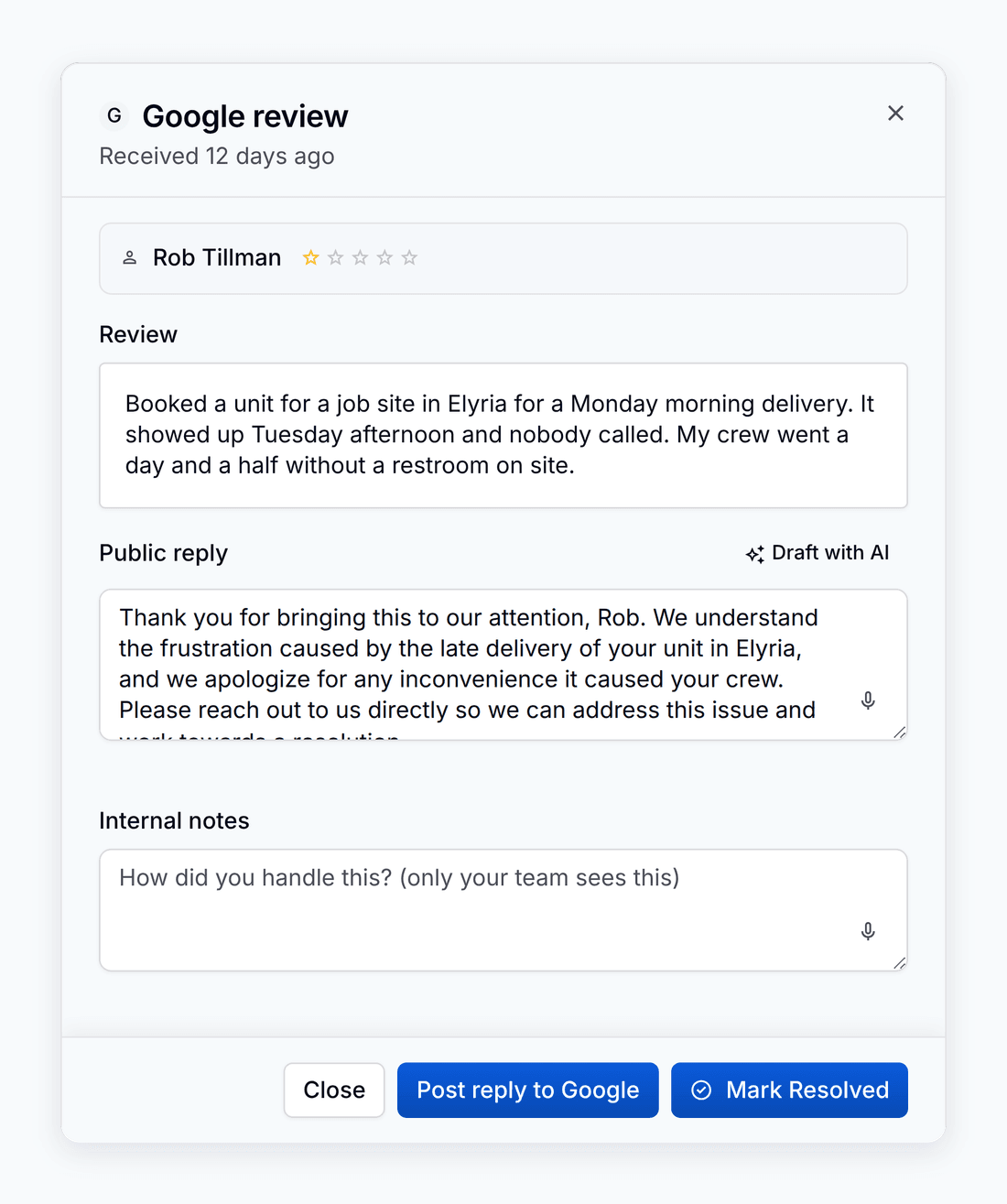 A 1-star Google review open in PortaPro's inbox with an AI-drafted public reply waiting for approval.