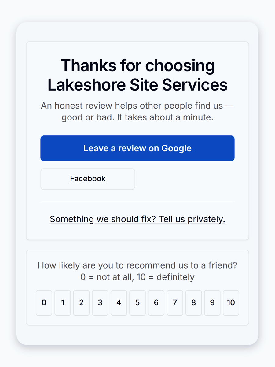The public review page a customer opens from a Lakeshore Site Services request, on a phone: Leave a review on Google, a Facebook button under it, the private feedback line, and the 0 to 10 strip.