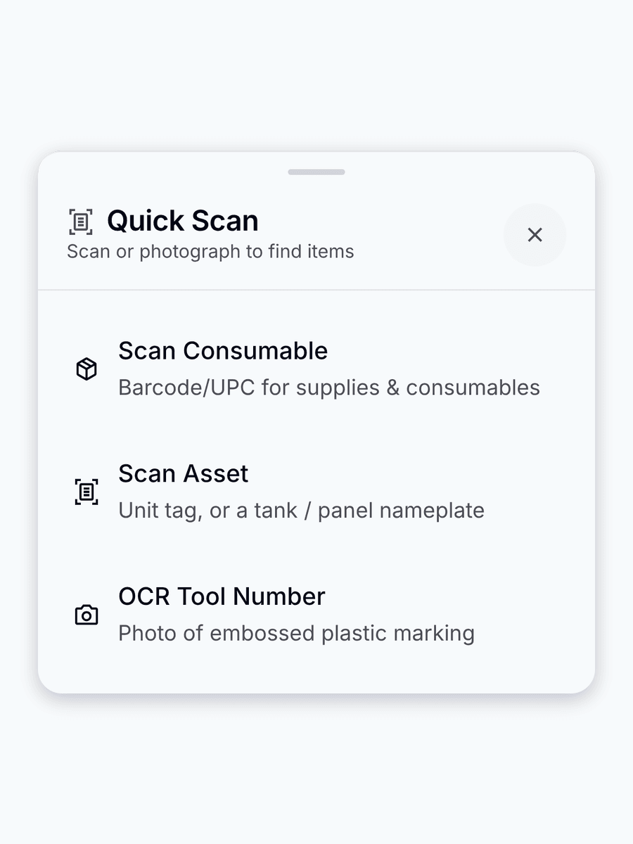 Quick Scan in the PortaPro driver app: Scan Consumable, Scan Asset, and OCR Tool Number for the embossed marking.
