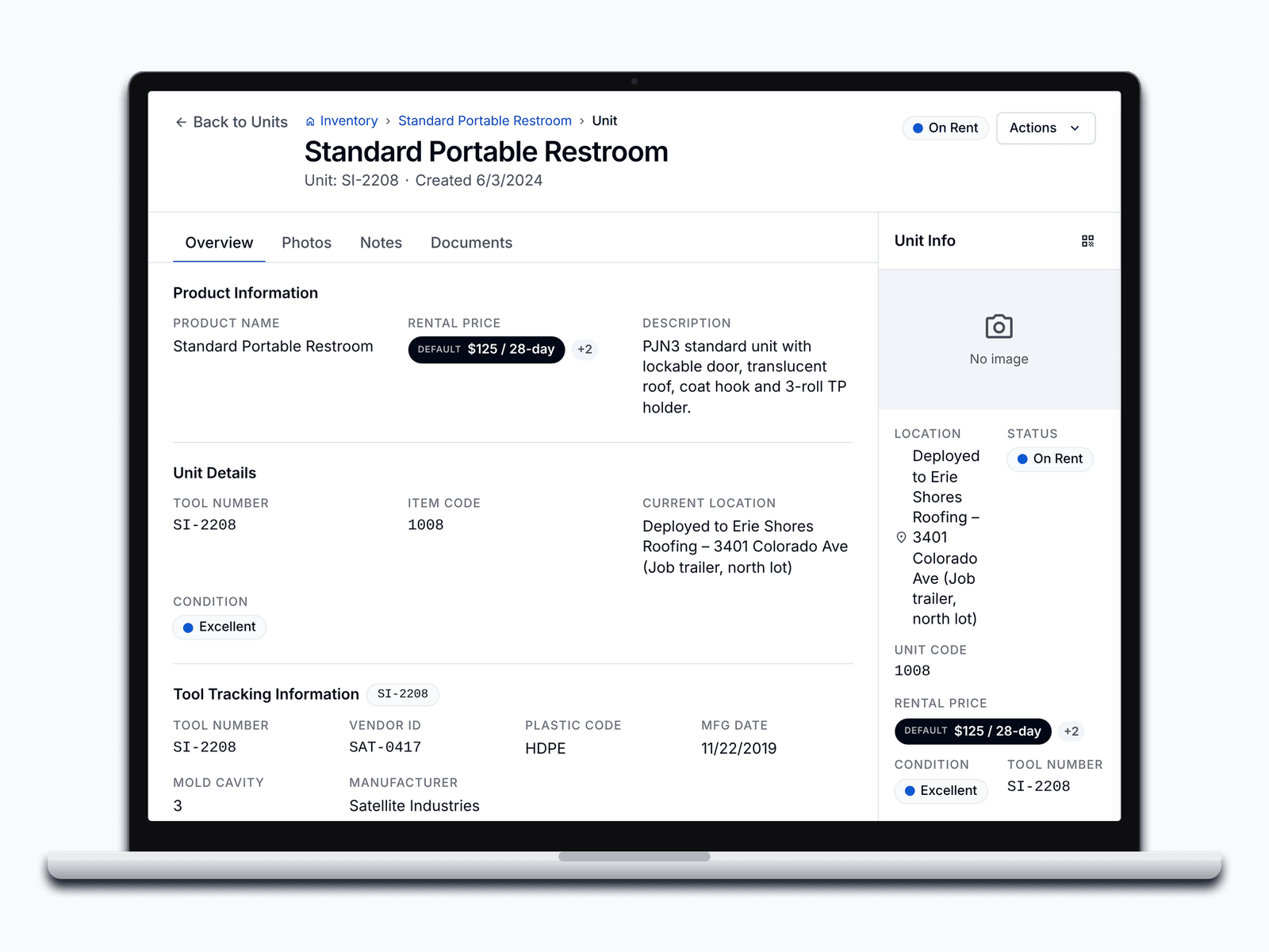 The unit page a scan opens in PortaPro: unit 1008, on rent at Erie Shores Roofing, tool number SI-2208, vendor, plastic code, and mold date.