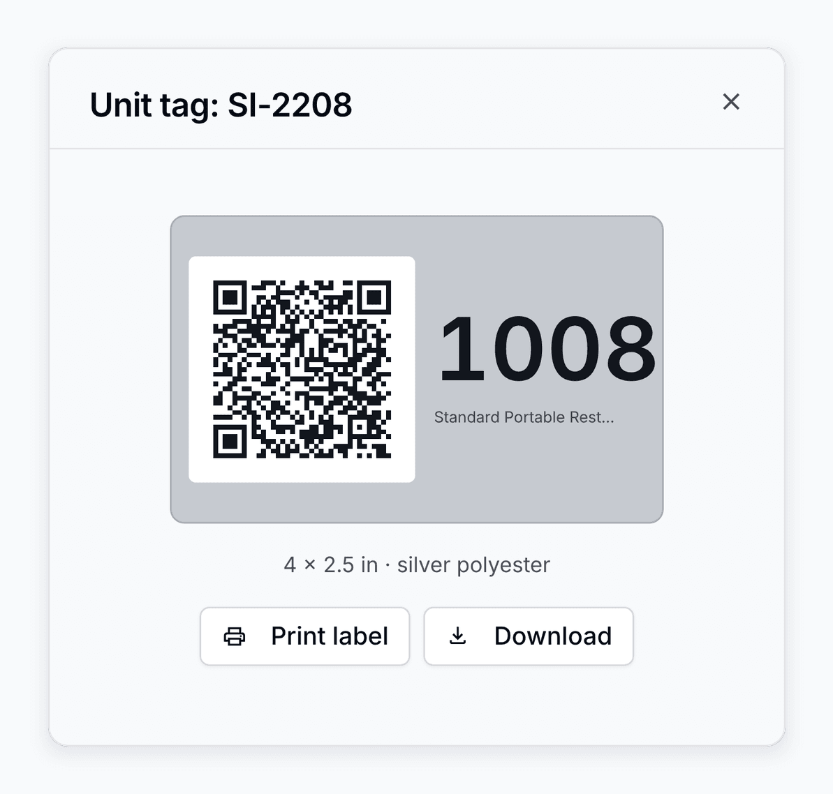 A unit's printable tag in PortaPro: QR code and unit number.