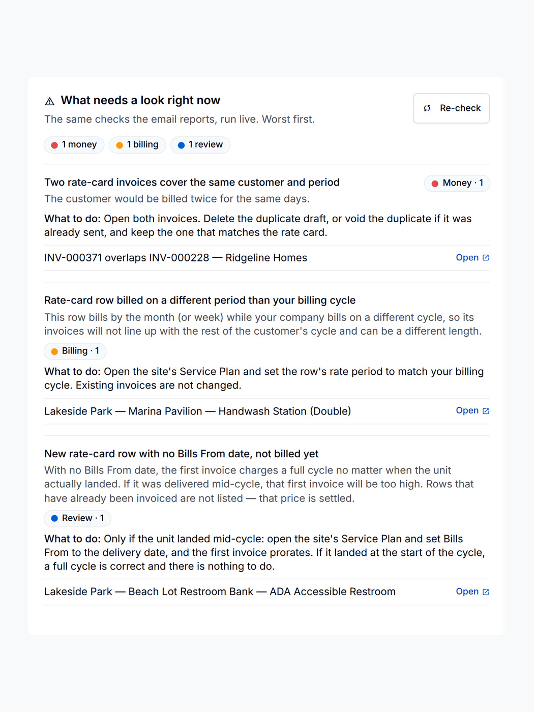 Billing Health in PortaPro: one money, one billing, and one review flag. Two rate-card invoices covering the same days, a hand wash on a monthly rate while the company bills every 28 days, and a new ADA unit with no Bills From date, each with what to do.