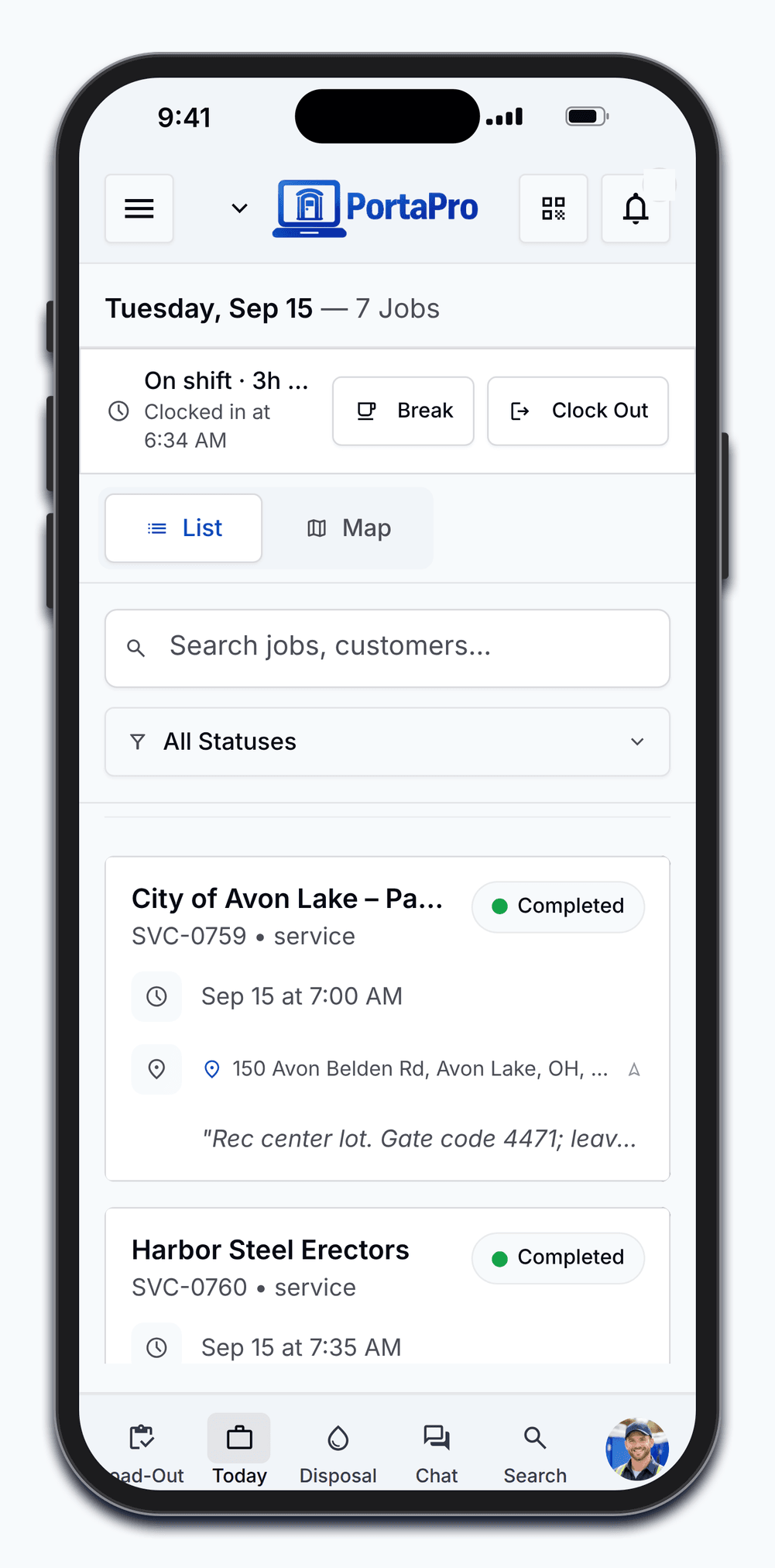 The PortaPro driver app on a phone: today's seven stops with customer, time, address, and status, the same list the driver works from with no signal.