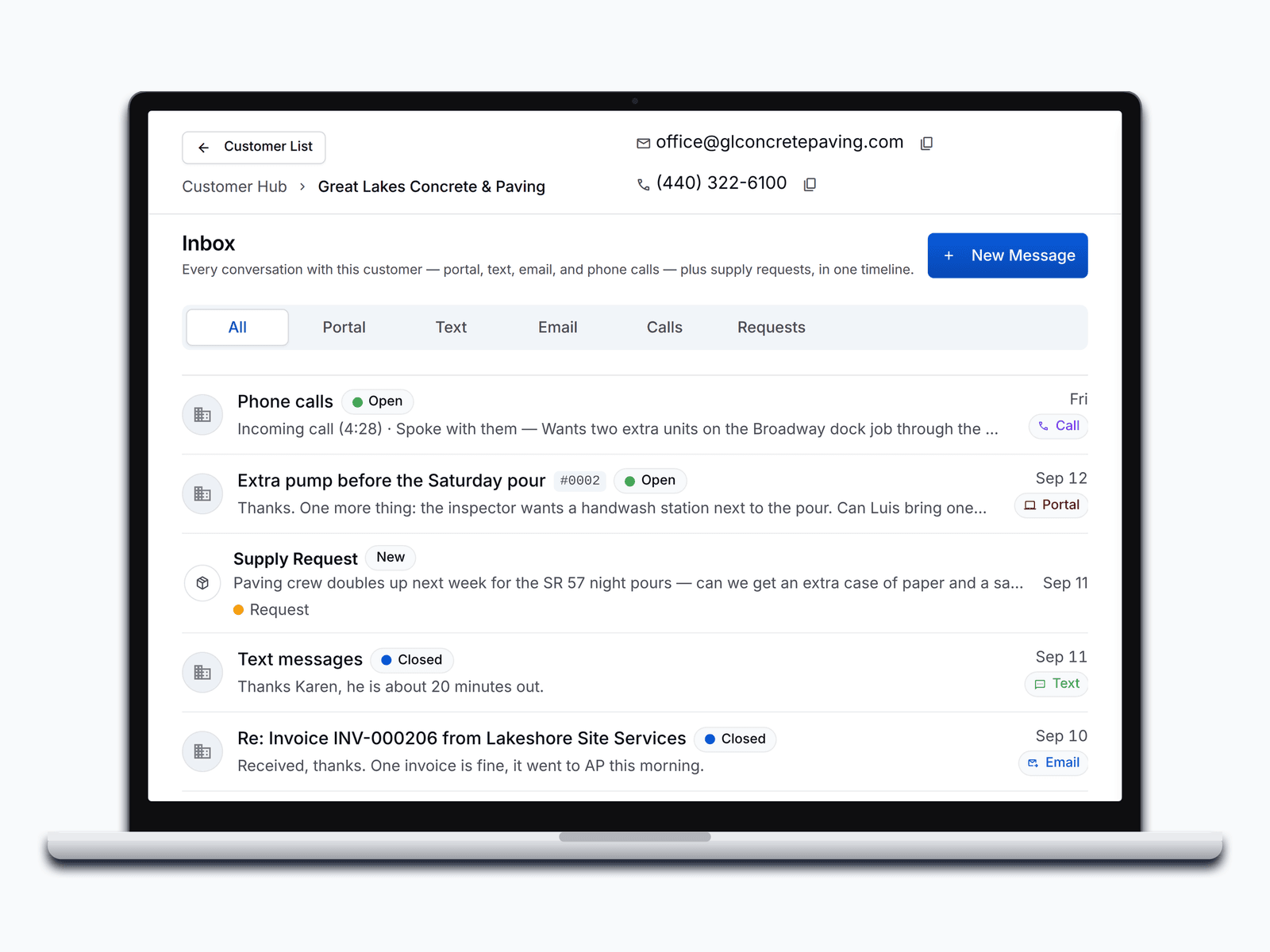 A customer's Inbox tab in PortaPro: phone calls, a portal message, a supply request, a text, and an invoice email in one list.