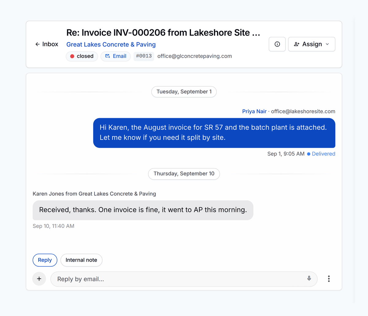 An invoice email in the PortaPro Inbox with the customer's reply threaded under it.