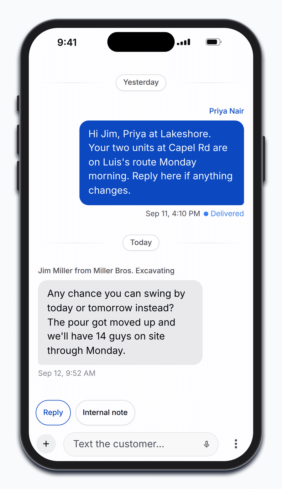 A text conversation in the PortaPro Inbox on a phone: the sent message marked Delivered, the customer's reply, and the composer.