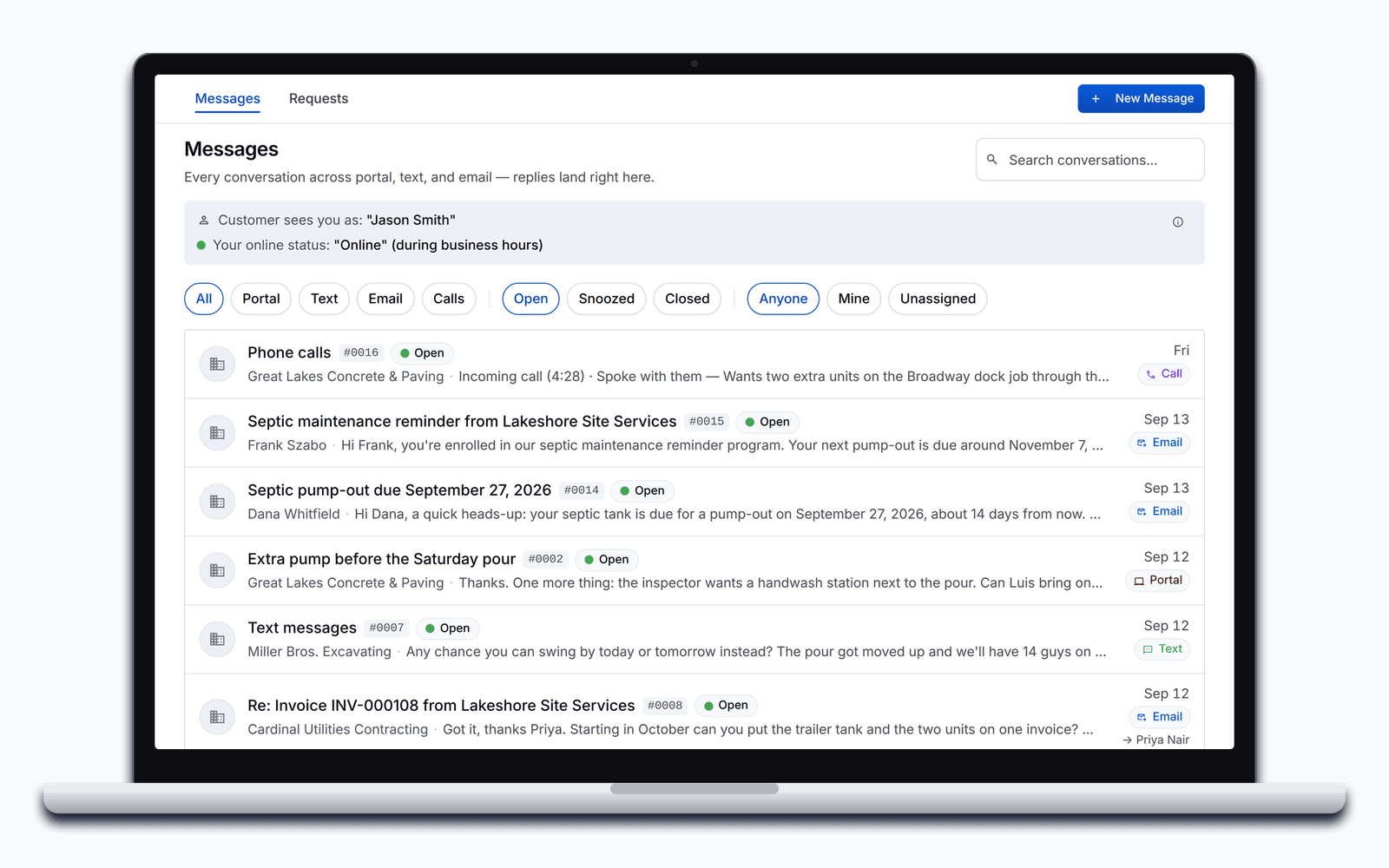 The PortaPro Inbox: phone calls, emails, a portal message, and texts, each labeled by channel and filed on the customer.