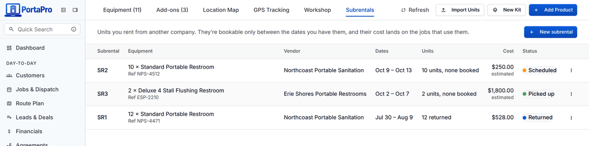 The Subrentals tab under Inventory in PortaPro: three rentals from two companies, one scheduled for the fair weekend, one picked up, one returned, each with its vendor, dates, units, estimated cost and status.