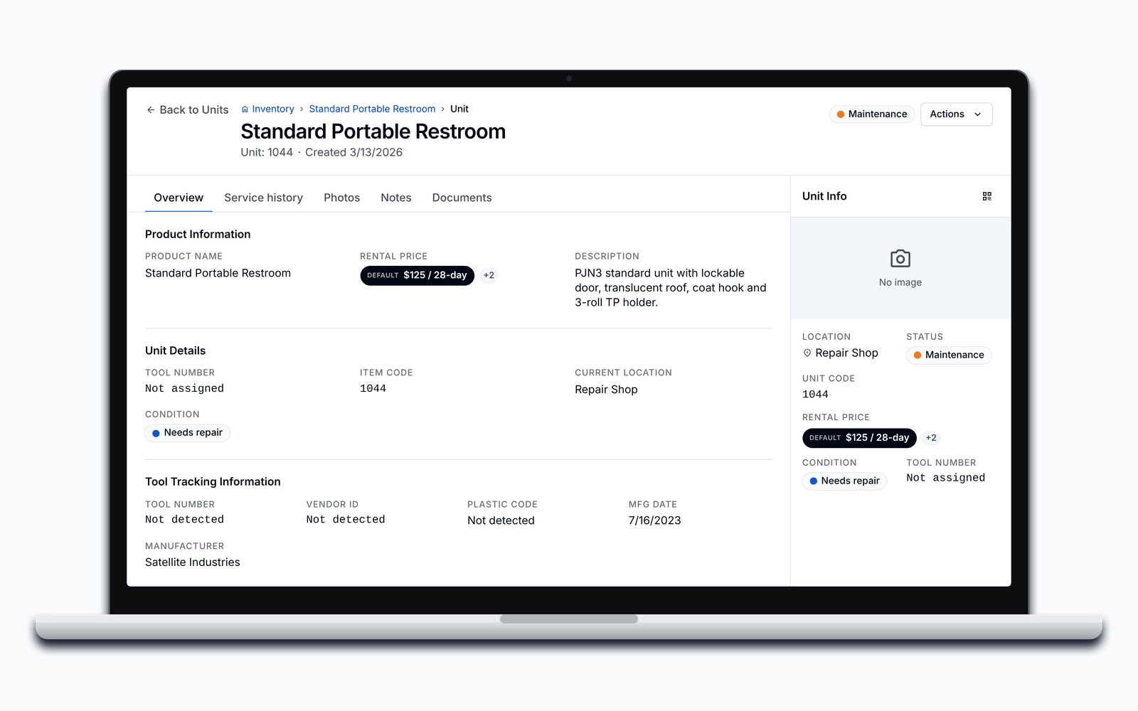 The full unit profile in PortaPro: status, overview, the Unit Info card, and the activity timeline on one screen.