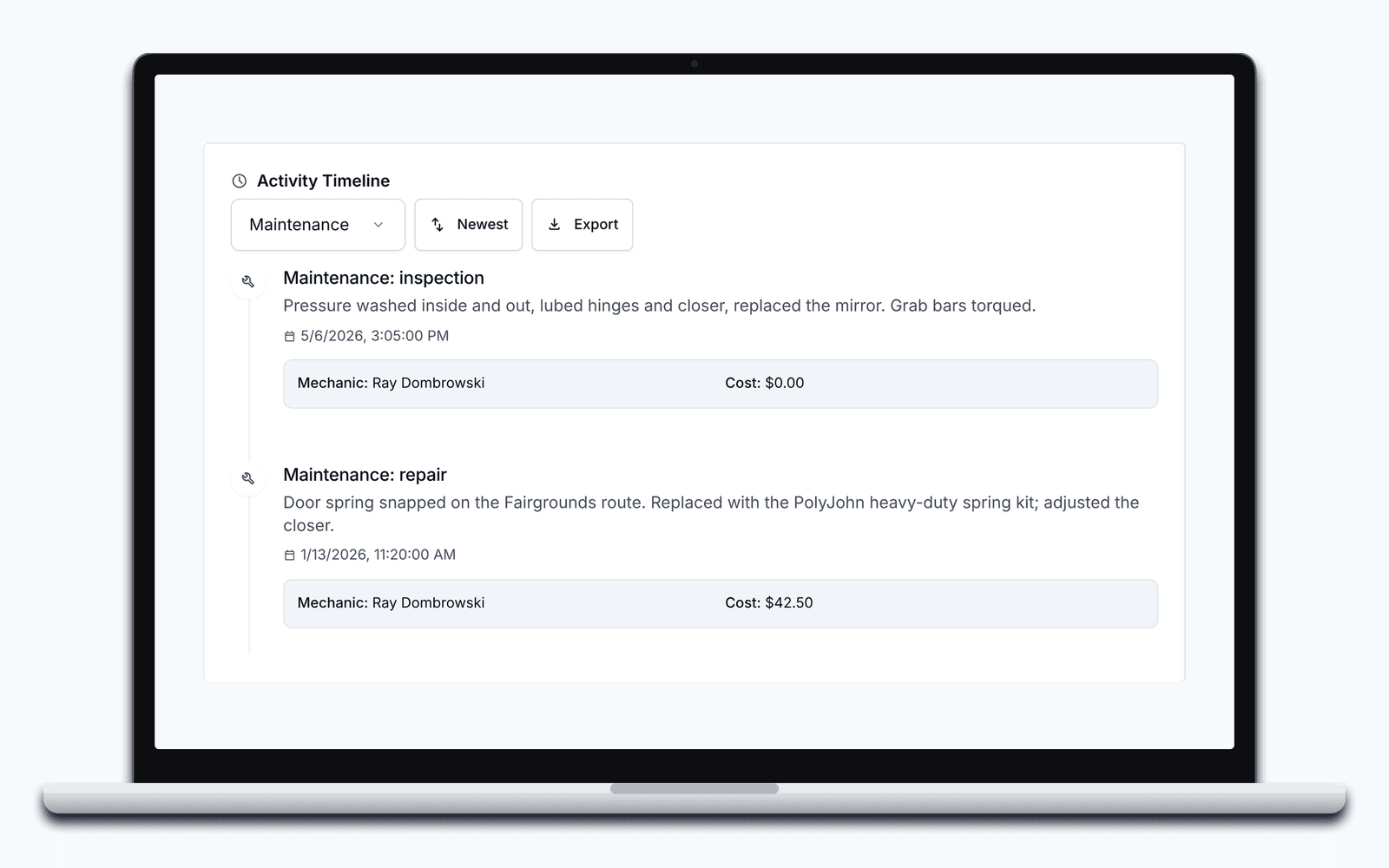 A unit's activity timeline in PortaPro filtered to maintenance: an inspection and a door spring repair, each with the mechanic, the date, and the cost.