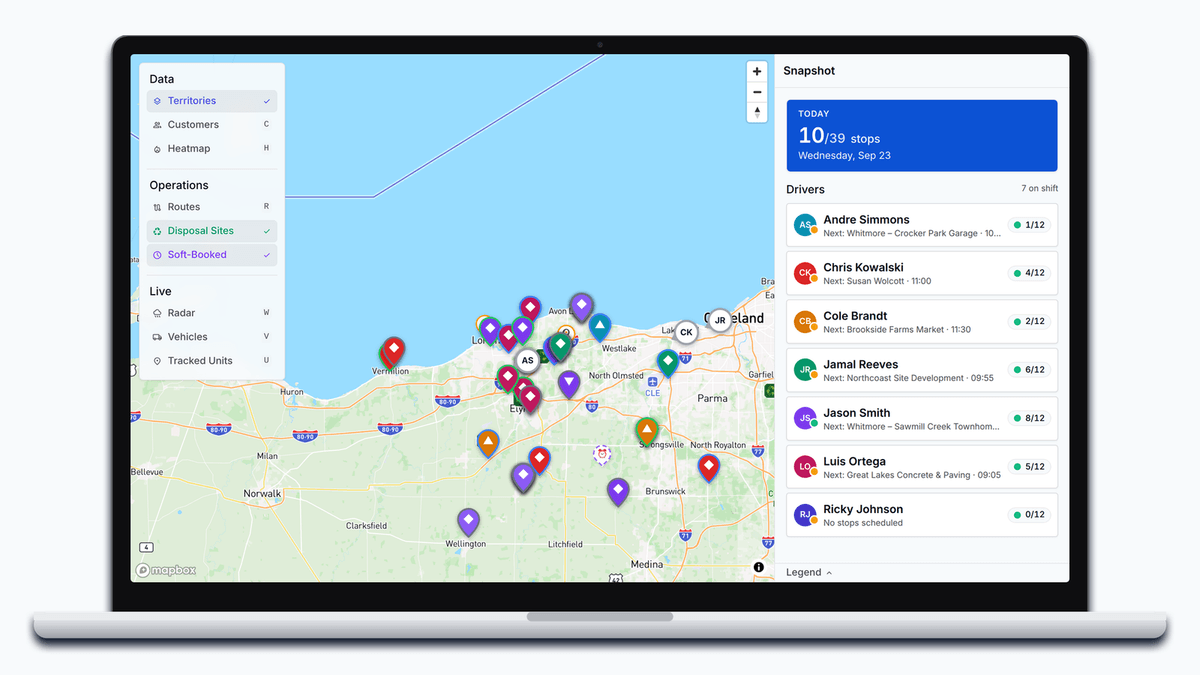 The PortaPro dispatch map with today's stops across Lorain County and the drivers panel: 10 of 39 stops done, each driver's next stop and stops against a daily target of 12.