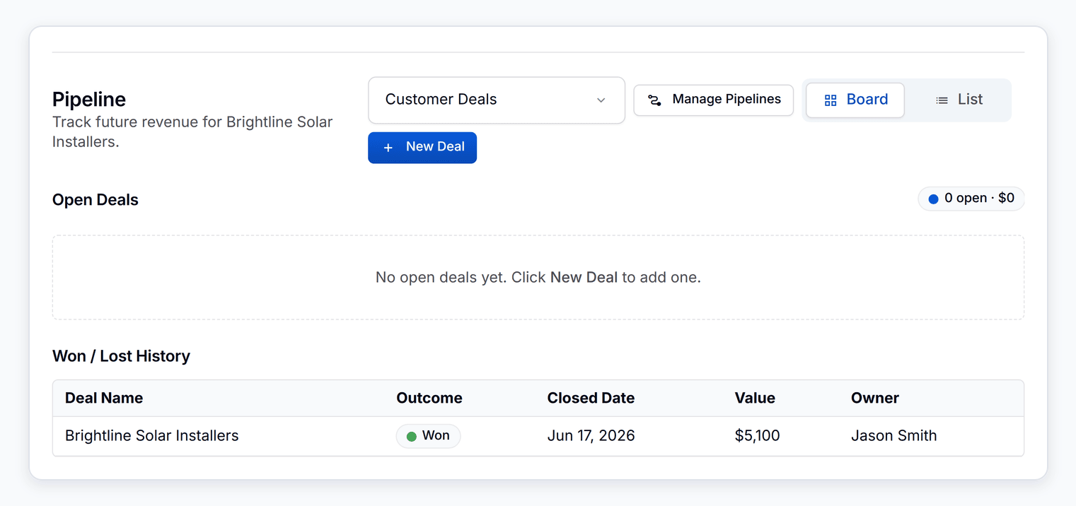 The customer profile's Pipeline tab, showing the deal that converted from the lead as won history.