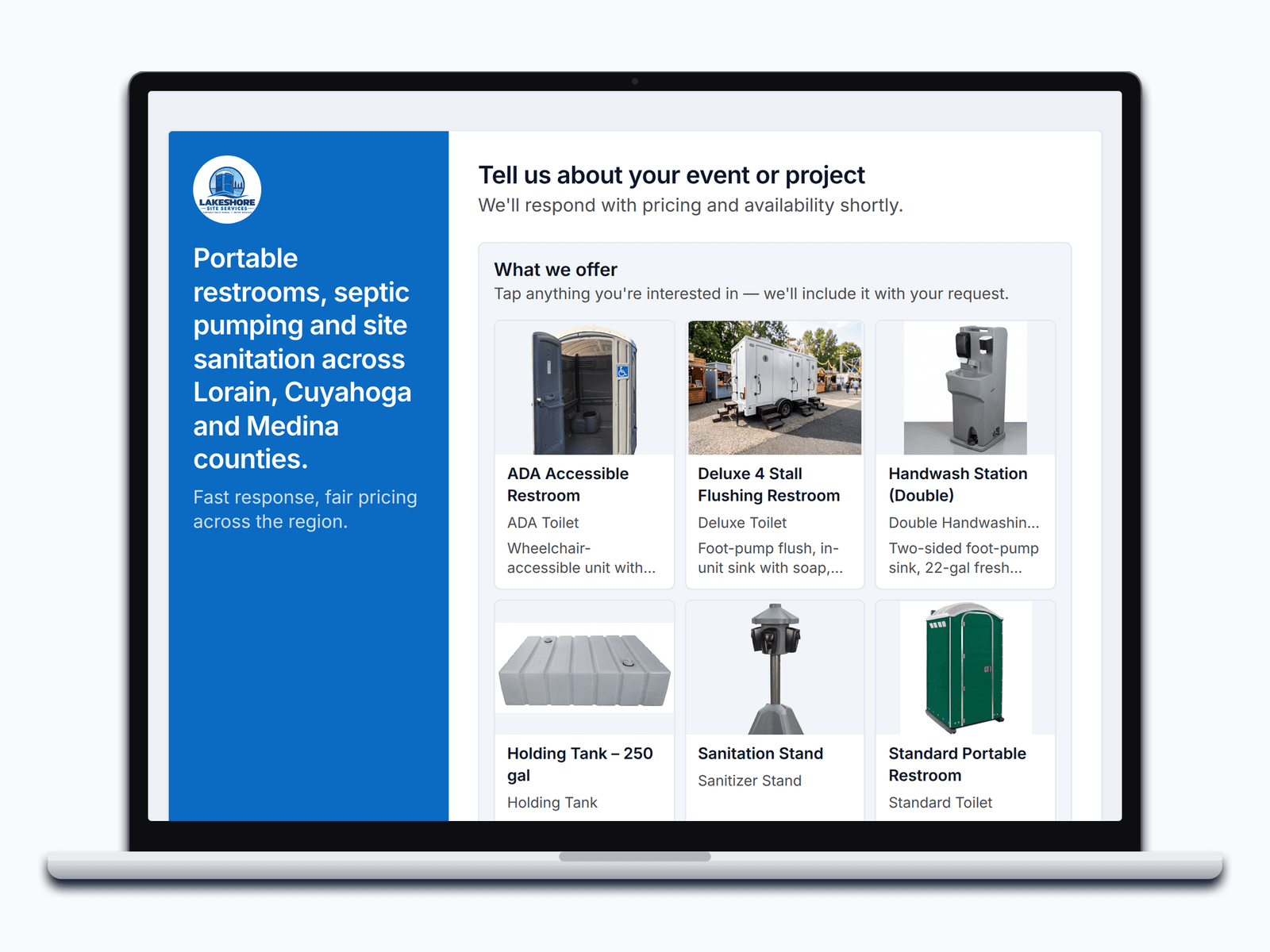 The hosted request-a-quote form a prospect fills out, with the operator's branding and equipment catalog.
