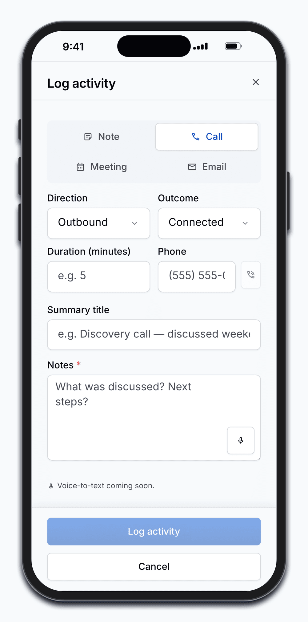 The Log activity dialog on its Call tab: direction, outcome, duration, and notes.
