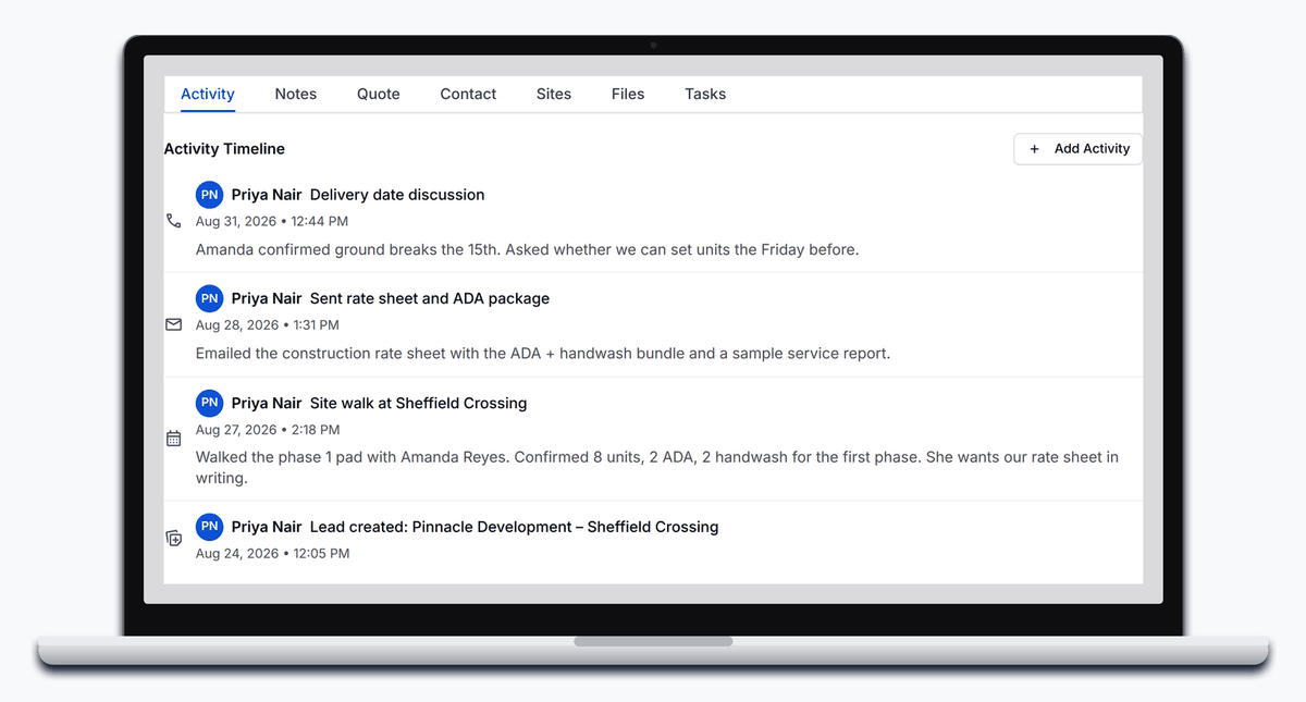 A lead's activity timeline in PortaPro: a site walk, an emailed rate sheet, and a logged call.