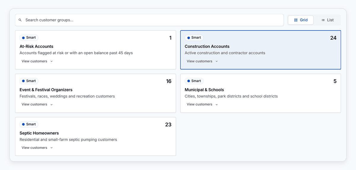Choosing customer groups in the PortaPro campaign wizard, each with its live customer count.