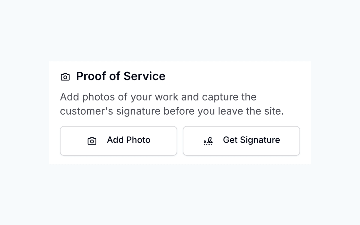 The Proof of Service card on a stop in the PortaPro app, with Add Photo and Get Signature.