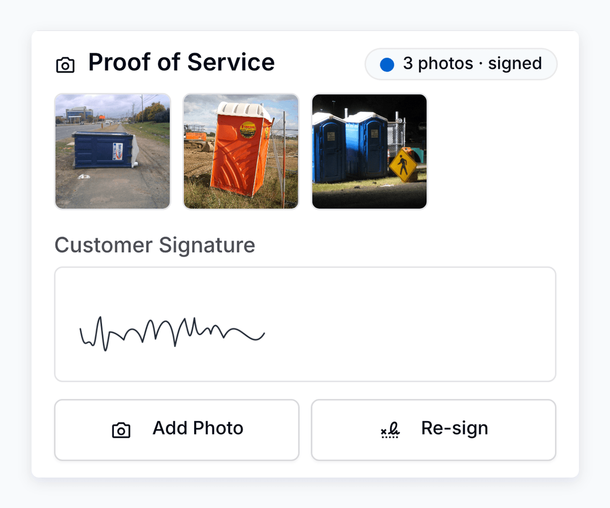 Proof of service on a completed stop in the PortaPro app: three photos of the units on site and the customer's signature.
