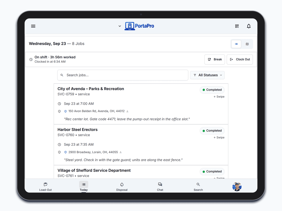 A driver's eight-stop day in the PortaPro app on a truck iPad, each stop with its status, time, address, and site note.