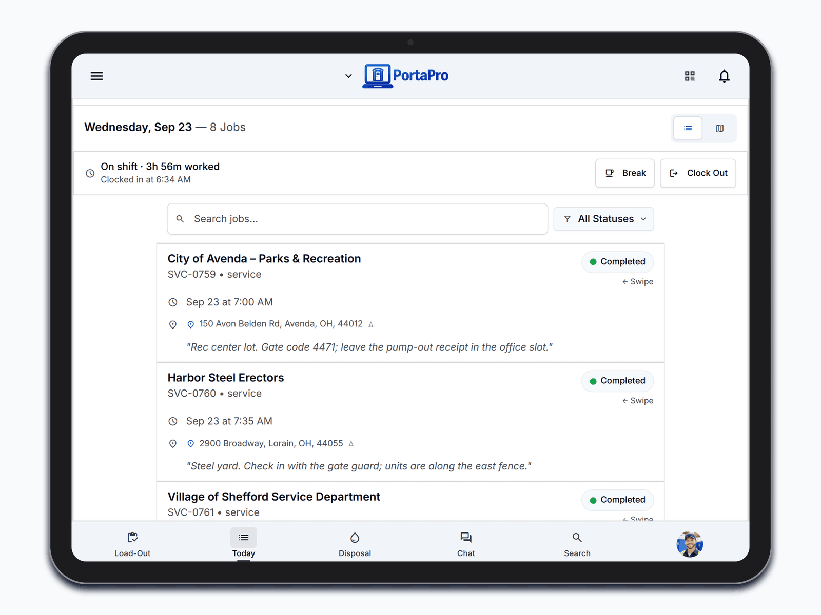 A driver's eight-stop day in the PortaPro app on a truck iPad, each stop with its status, time, address, and site note.