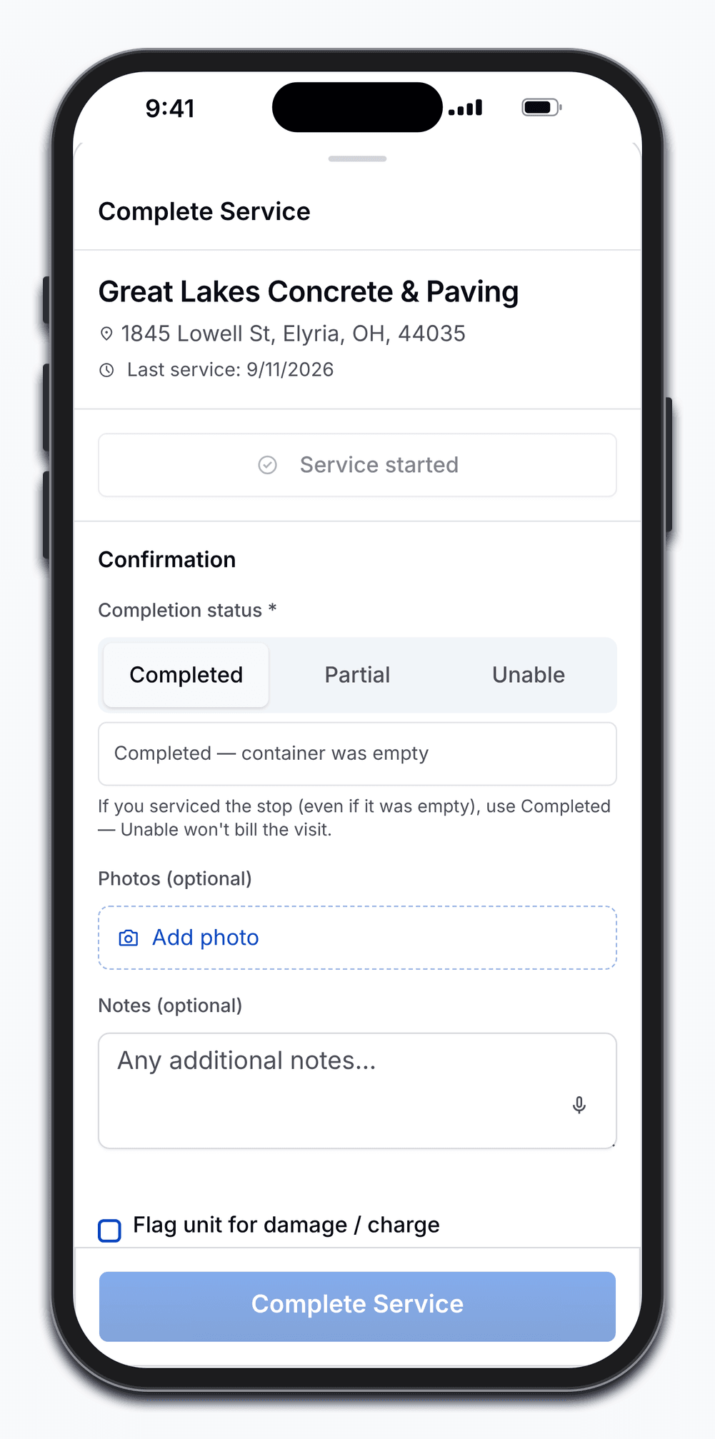Complete Service in the PortaPro app on a phone: service started, Completed chosen, Add photo, notes, and a damage flag, with Complete Service still gray.