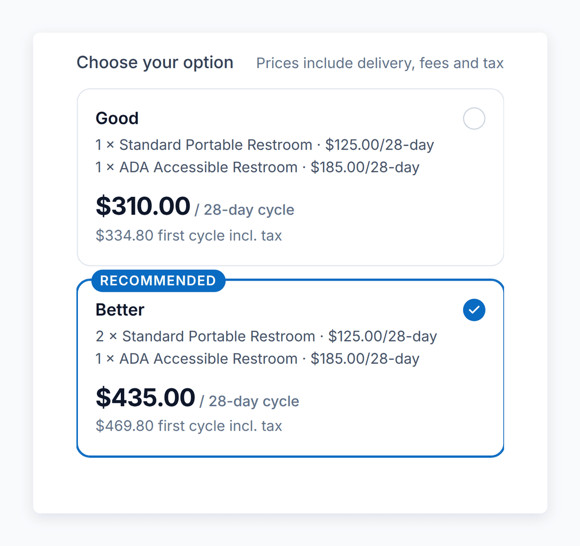 A PortaPro quote offering Good and Better options, each with its own contents and price per 28-day cycle, Better marked recommended.