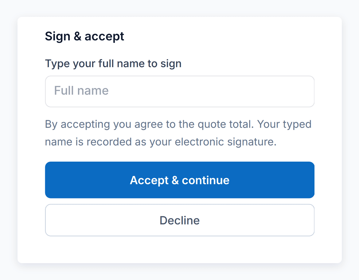 The Sign and accept box on a PortaPro quote: the customer types their name to sign, with Accept and continue or Decline.